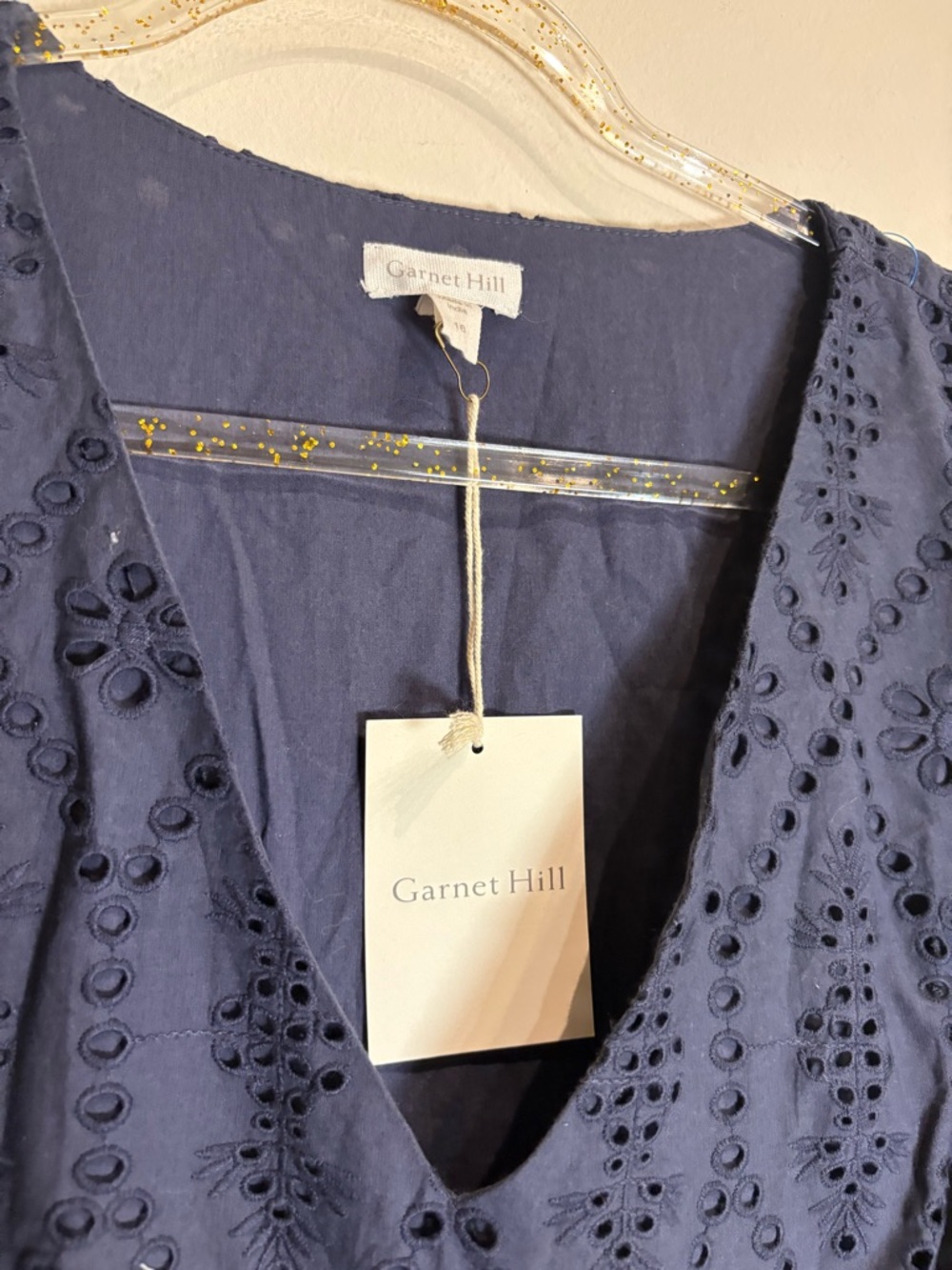 Garnet Hill Navy Blue Cotton Eyelet Dress Scallop Hem V-Neck NWT Size 16 - Picture 7 of 9